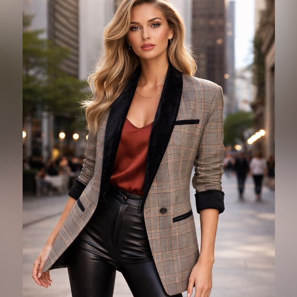 Free People Plaid Velvet Trim Blazer Oversized Boyfriend XS S M - Picture 2 of 16